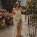 Rose Print High Waist Slit Maxi Dress