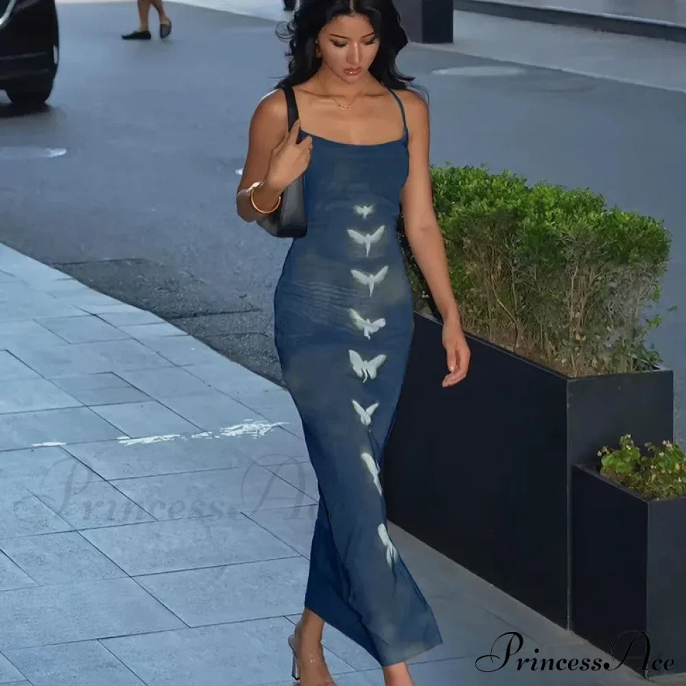 Summer Sleeveless Fashion Print Backless Slim Strap Long Elegant Club Party Bodycon Dress
