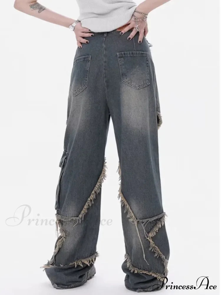 Super Beautiful Flower High Waist Summer Loose Wide Leg Vintage Unique Versatile Straight Women's Jean