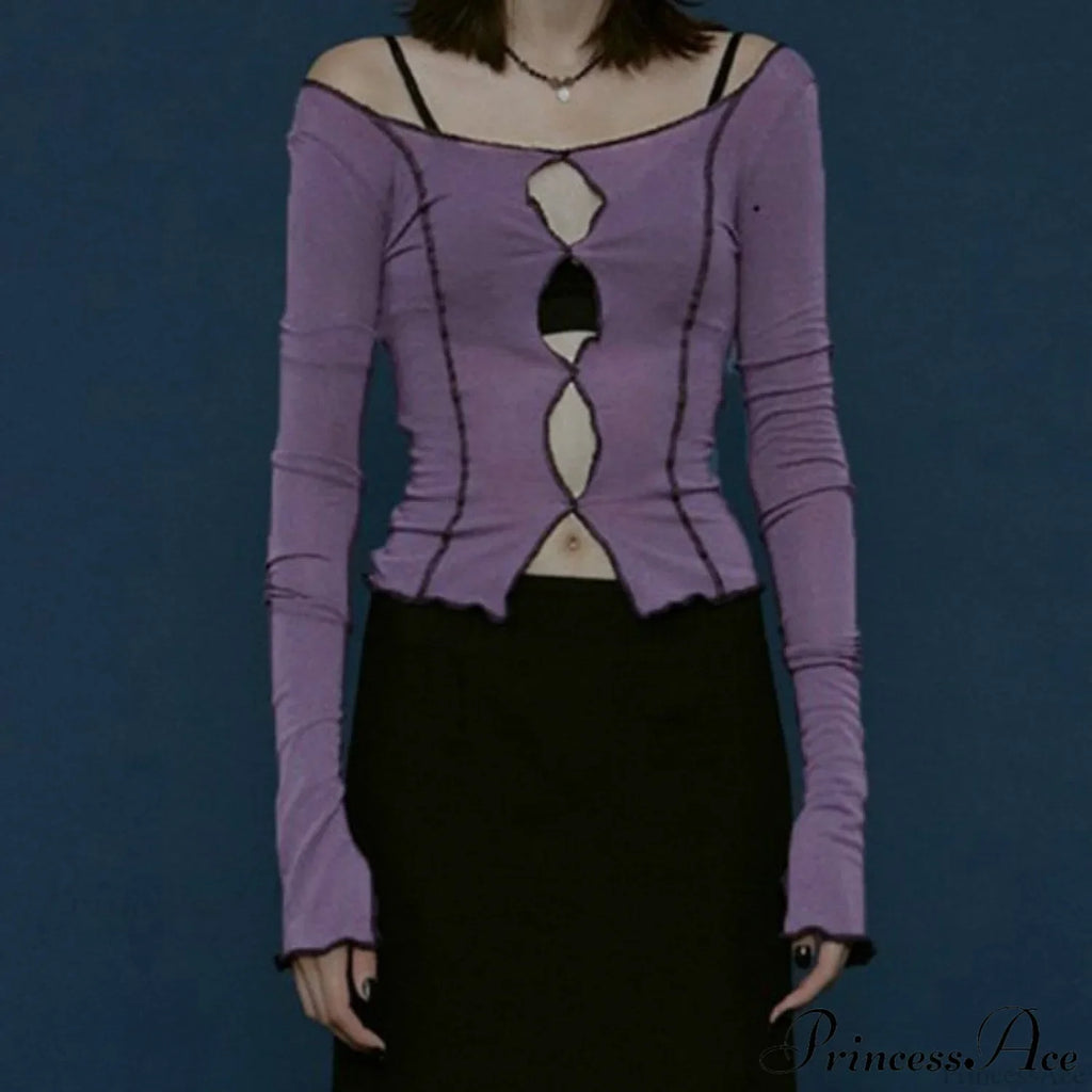 T-Shirt Arm Long for Hollow Top O-Neck Spring Casual Solid Out Women