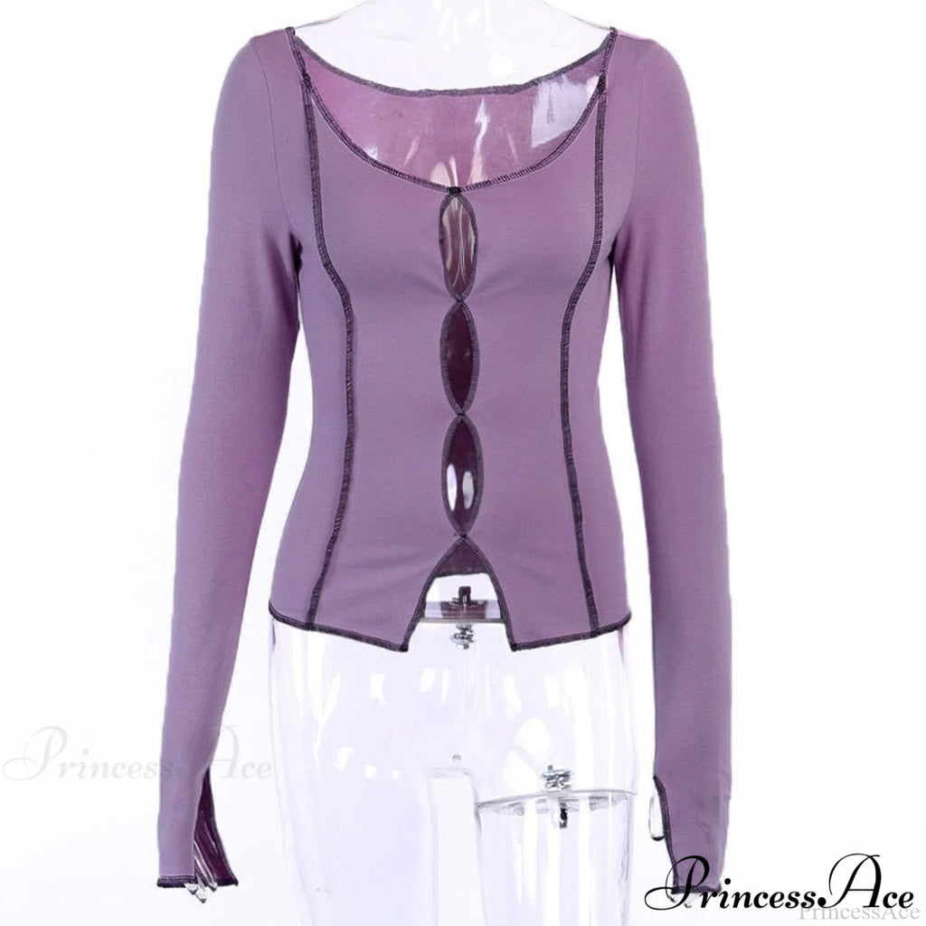 T-Shirt Arm Long for Hollow Top O-Neck Spring Casual Solid Out Women
