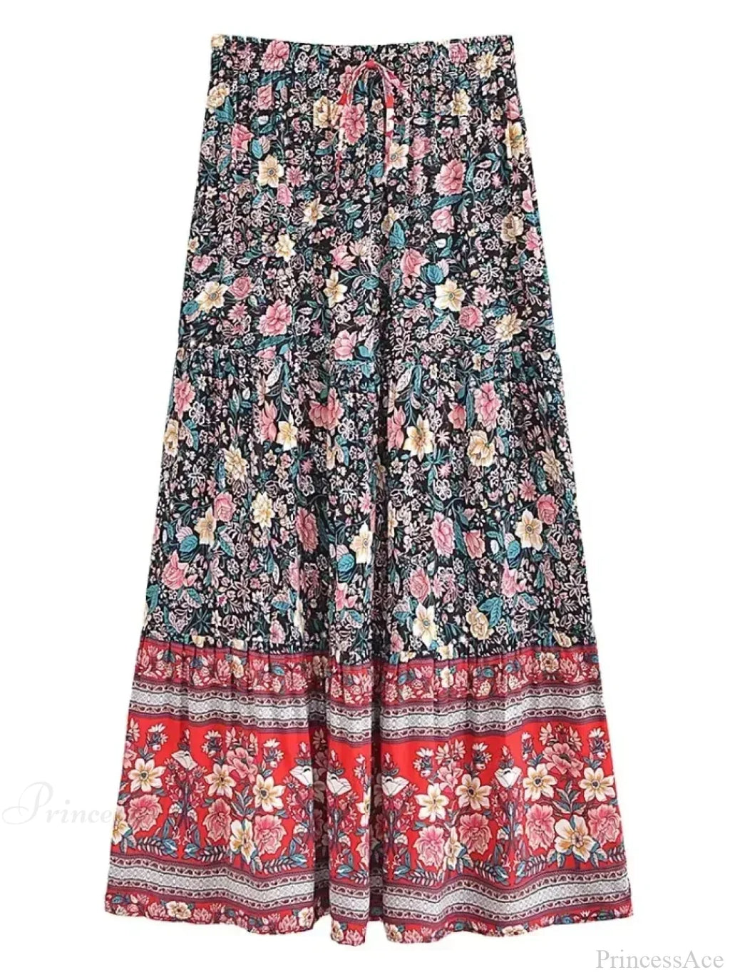 Tassel Floral Print Beach Boho Pleated Maxi Skirt Femme