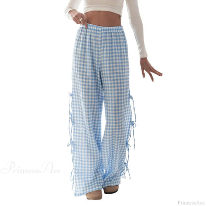 Tie-Up Plaid Stripe Loose Polyester Wide Leg Pant