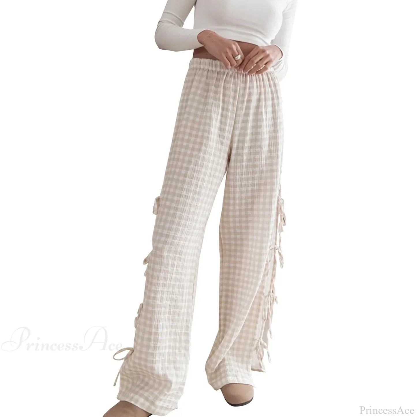 Tie-Up Plaid Stripe Loose Polyester Wide Leg Pant
