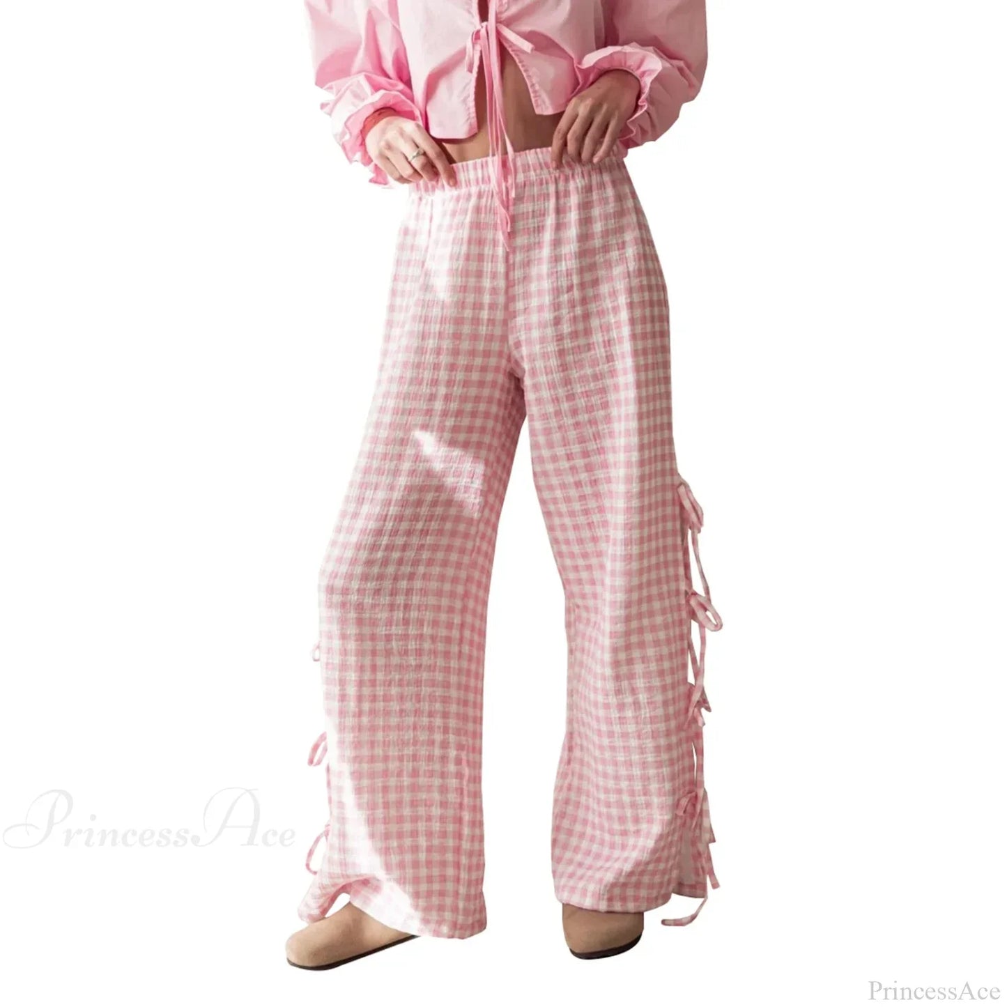 Tie-Up Plaid Stripe Loose Polyester Wide Leg Pant
