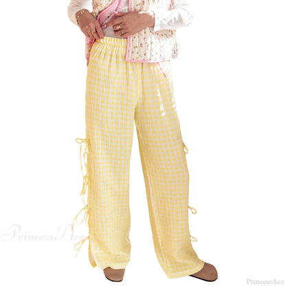 Tie-Up Plaid Stripe Loose Polyester Wide Leg Pant