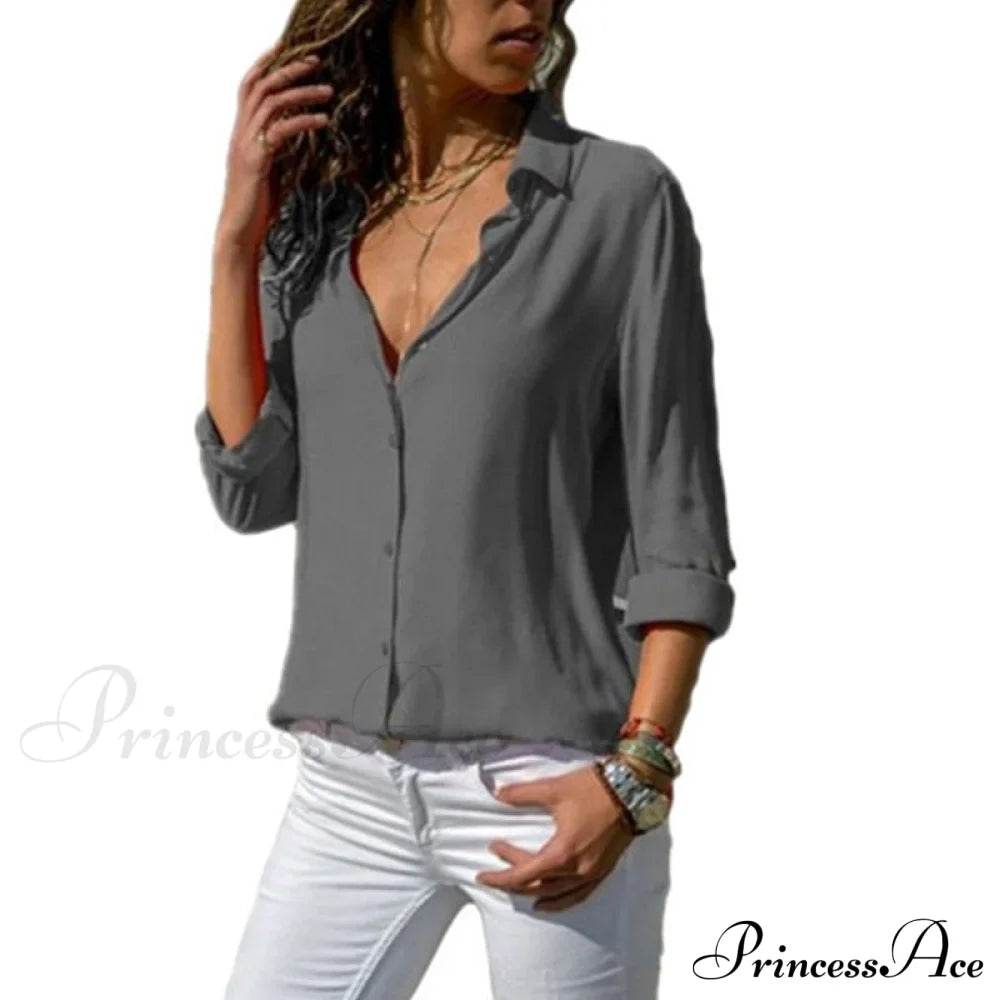Tops Female Office Warm-Season Blouse Women V-Neck Casual Solid Shirts Chiffon Regular