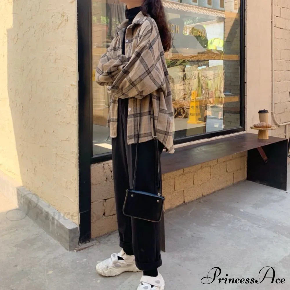 Turn-down Style Spring - Women's Plaid Outwear Loose 4 Neckline Blouse Harajuku with Fit Batwing-sleeve - - Colors