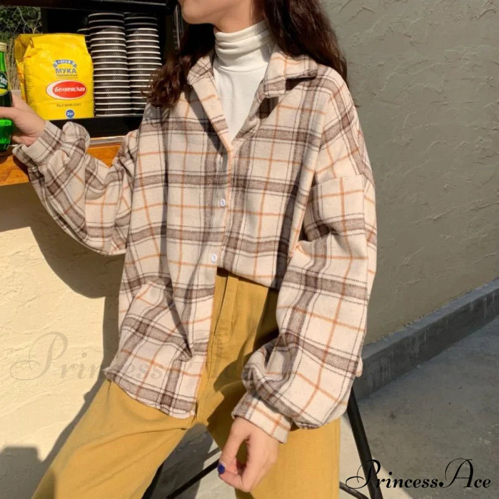 Turn-down Style Spring - Women's Plaid Outwear Loose 4 Neckline Blouse Harajuku with Fit Batwing-sleeve - - Colors