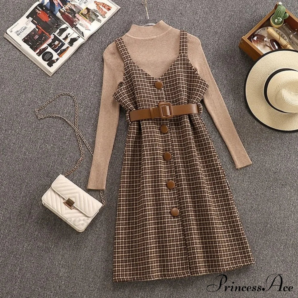 Two Winter Knee-Length vestidos Autumn plus party Women Fashion Elegant wool Piece belt Gown Valentine's for With Dresses size Streetwear Gown Sweater Day