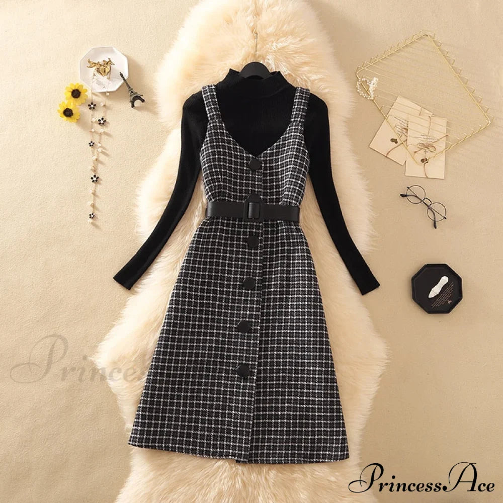 Two Winter Knee-Length vestidos Autumn plus party Women Fashion Elegant wool Piece belt Gown Valentine's for With Dresses size Streetwear Gown Sweater Day