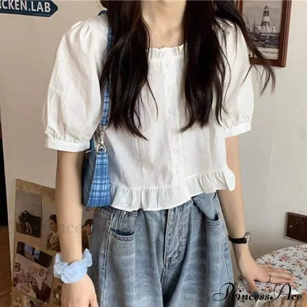 Up Cute Ruffles Women's Waist Button Blouse Clothing High Puff Youth Crop Warm-Season Top White Arm Elegant