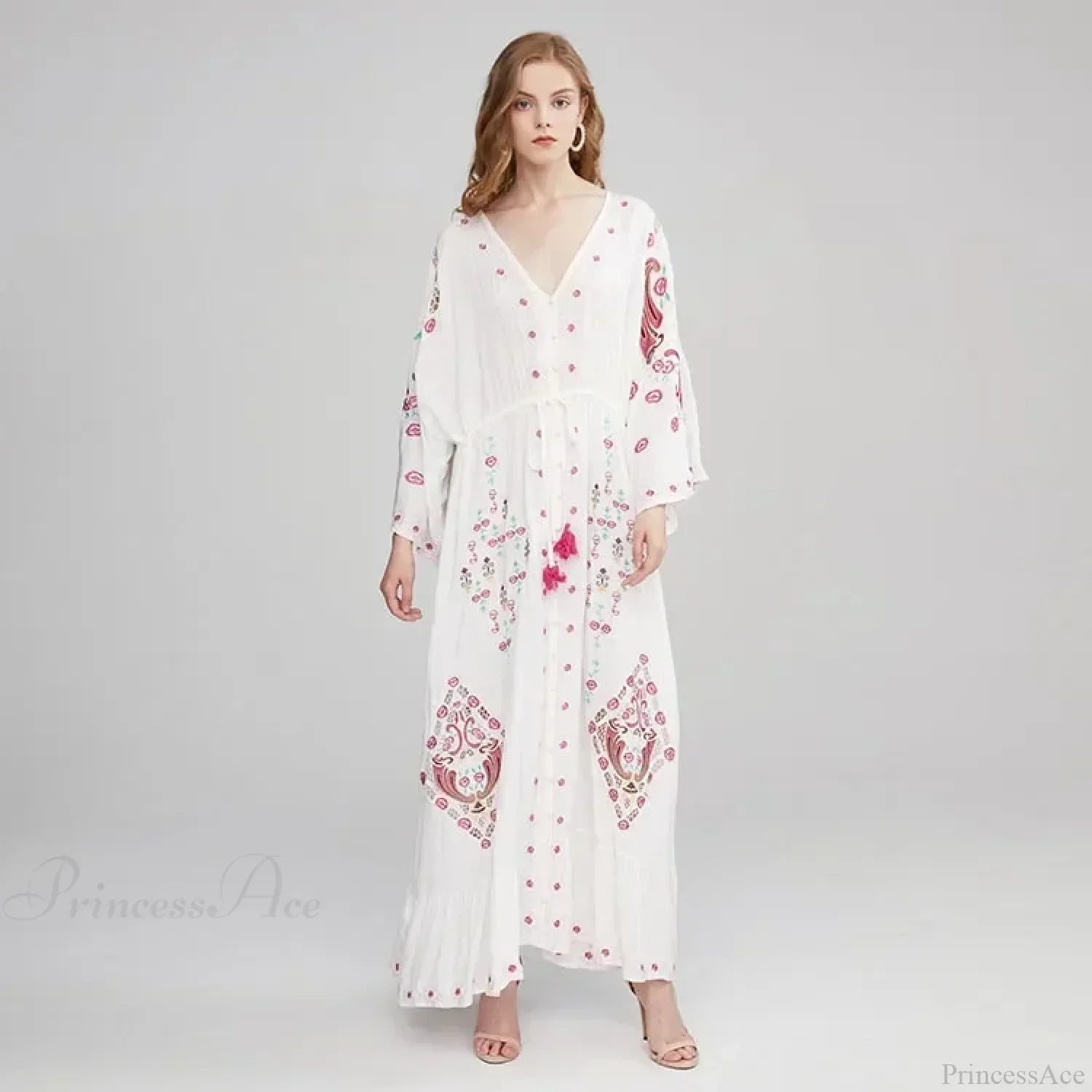 V Collar Embroidery Oversized Casual Cotton Boho Dress