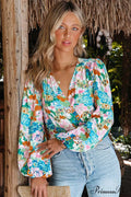 V Design Puff Neck Flowered Arm Shirt