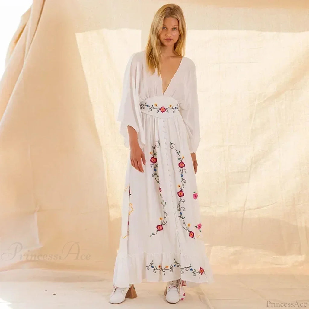 V-neck Embroidery Flower Retro National Boho Dress