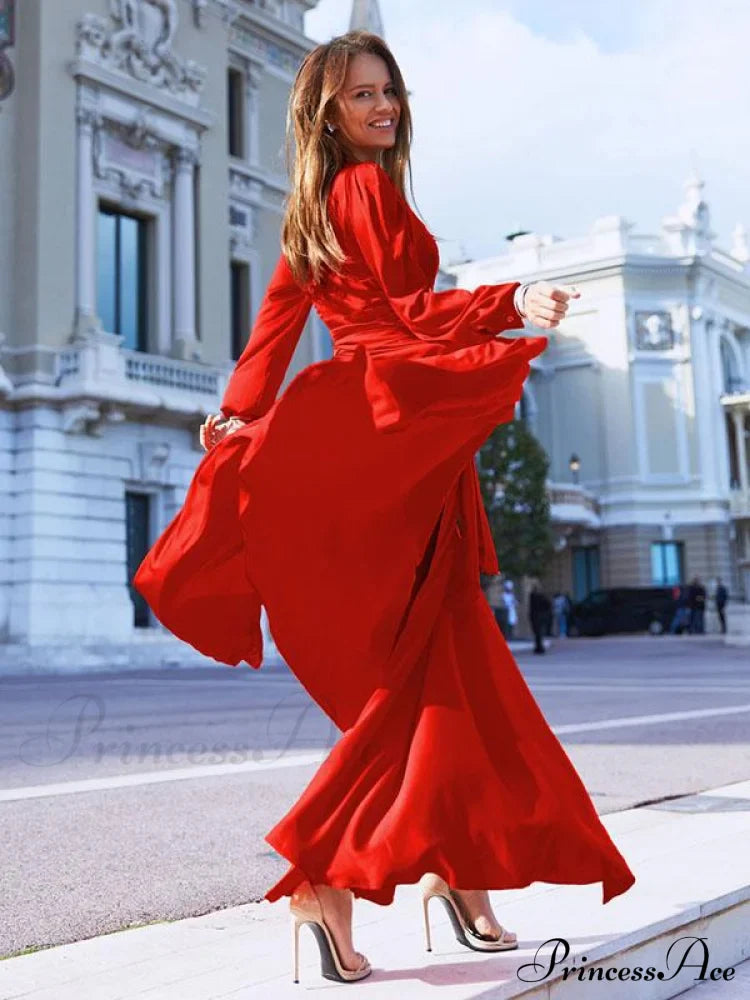 V-neck Long Sleeves Solid Color Belted Maxi Evening Dress