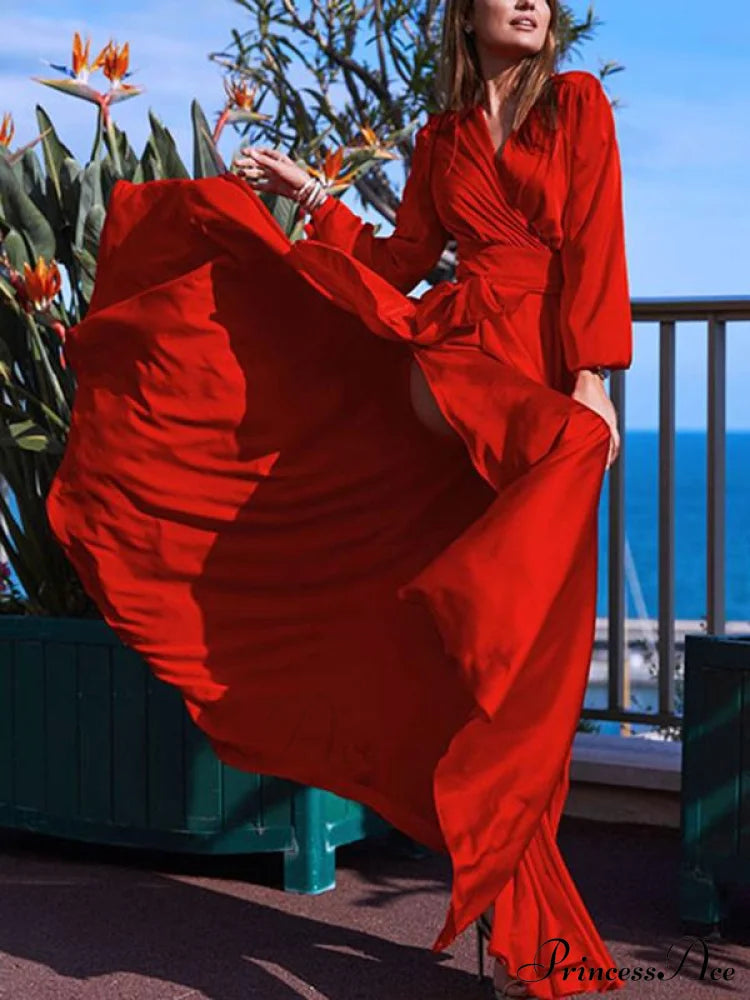 V-neck Long Sleeves Solid Color Belted Maxi Evening Dress