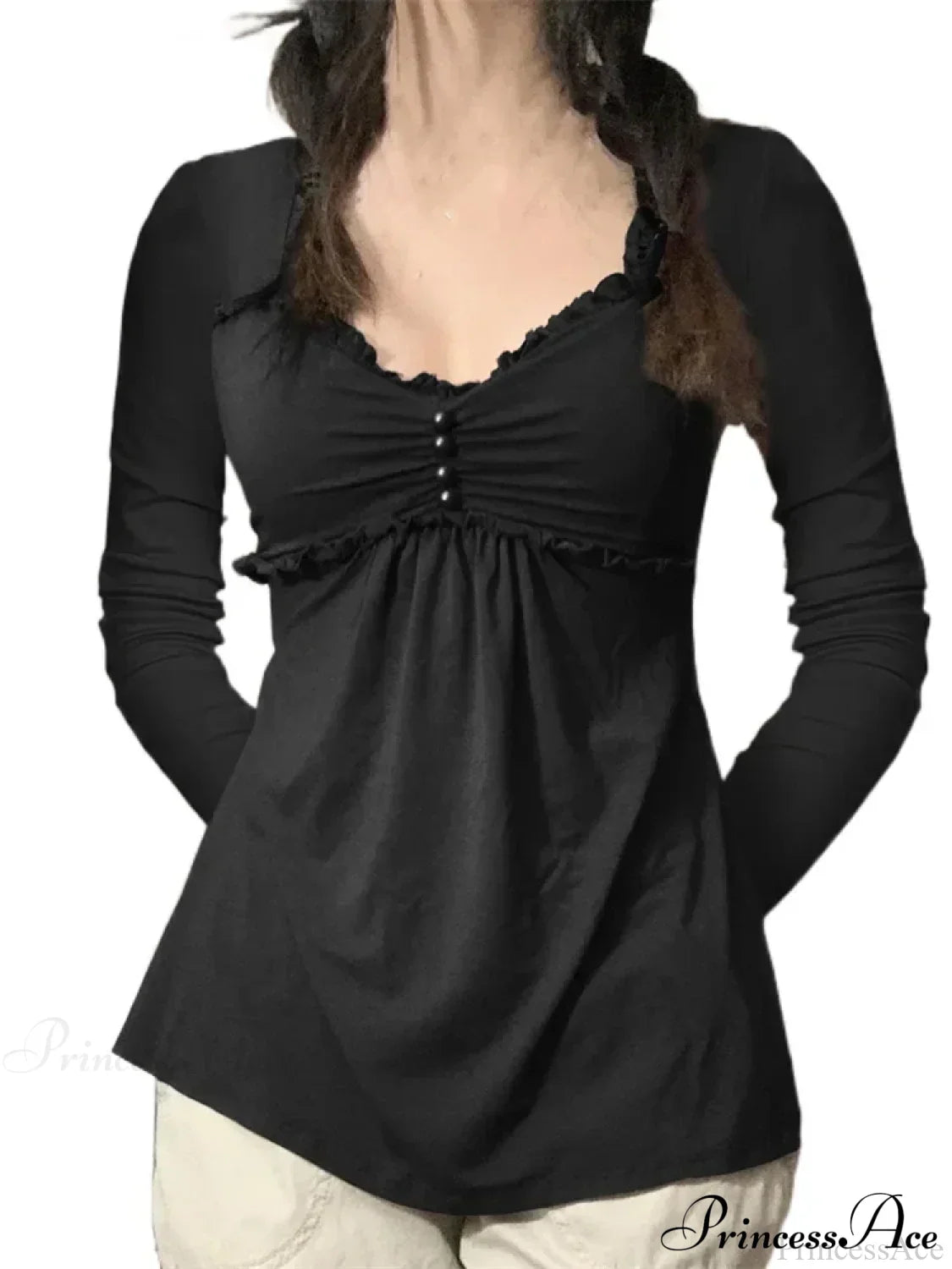 V-neck Ruched Solid Color Vintage Ruched Buttons T-Shirts