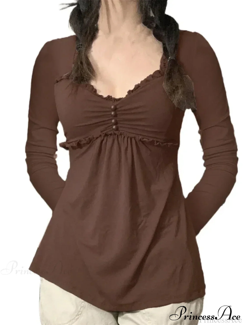 V-neck Ruched Solid Color Vintage Ruched Buttons T-Shirts