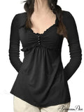 V-neck Ruched Solid Color Vintage Ruched Buttons T-Shirts