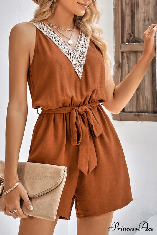 V Neck Tie-waist Rompers with Lacework