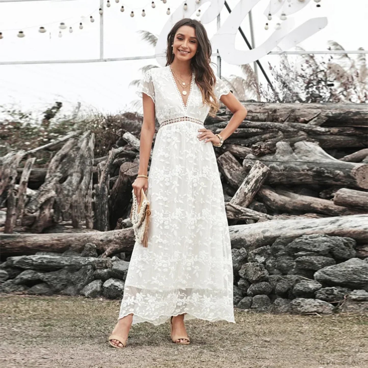 Vintage Deep V Short Sleeve Dress