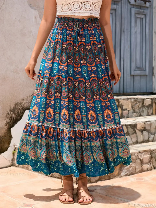 Vintage Floral Peacock Skirt High Elastic Beach Bohemian A-line