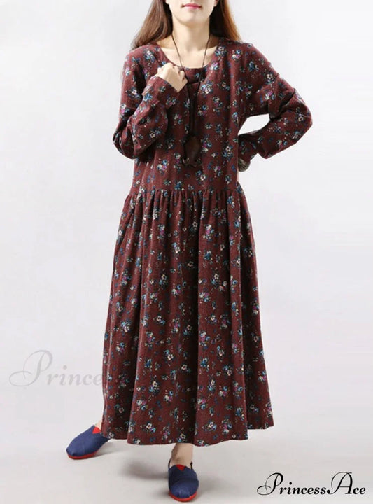 Vintage Floral Loose Long-Sleeve Casual Dress