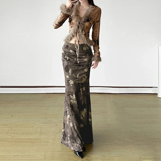 Vintage Floral Print Maxi Skirt Grunge Style 2000s