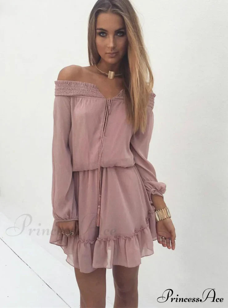 Vintage Off Shoulder Chiffon Dress with Long Lantern Sleeves