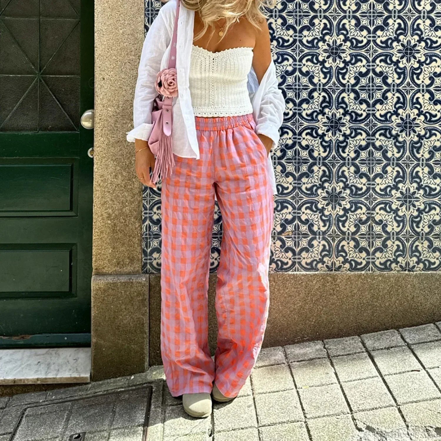 Vintage Plaid Loose Wide Leg Boho Palazzo Pant