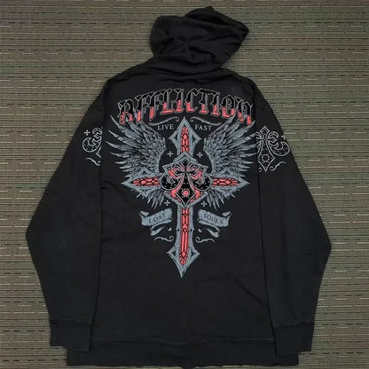 Vintage Skull Rose Print Hoodie