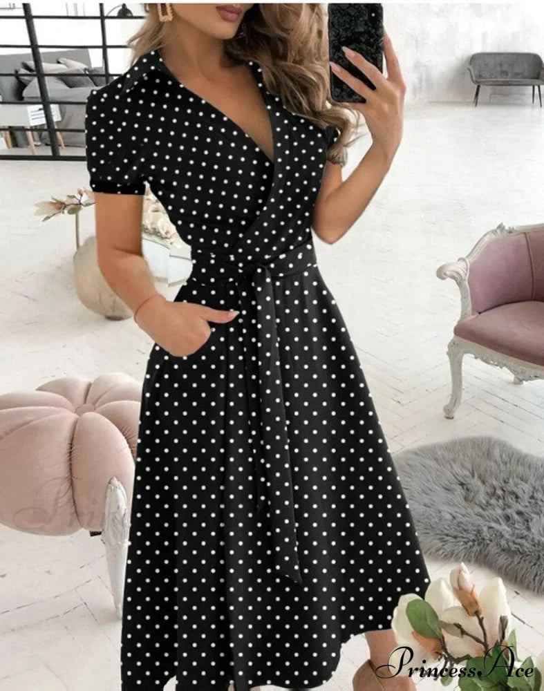 Warm-Season Retro Short-sleeved V-neck Gown Party Spring Patterned Fashion Belt