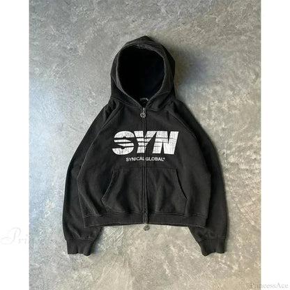 Washed Gothic Letter Zipper Hoodie