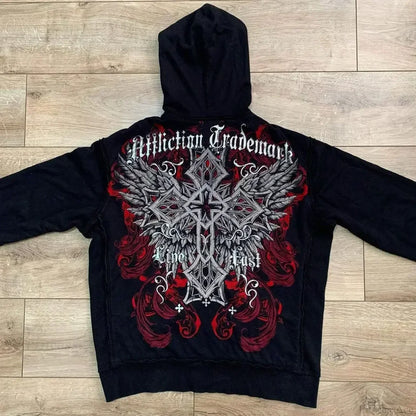Washed Gothic Letter Zipper Hoodie