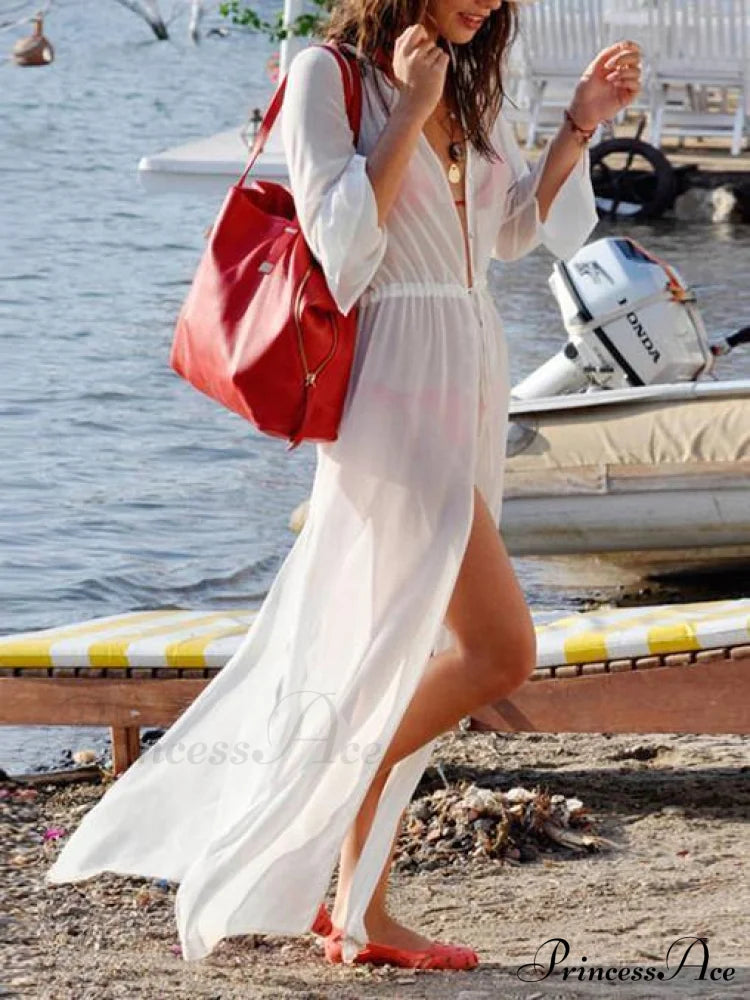 White Chiffon Maxi Beach Dress Cover-up with Long Sleeves