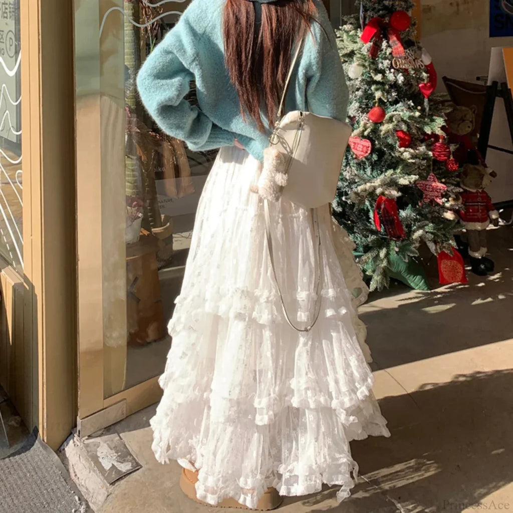 White Floral Tulle Floor-Length Skirt