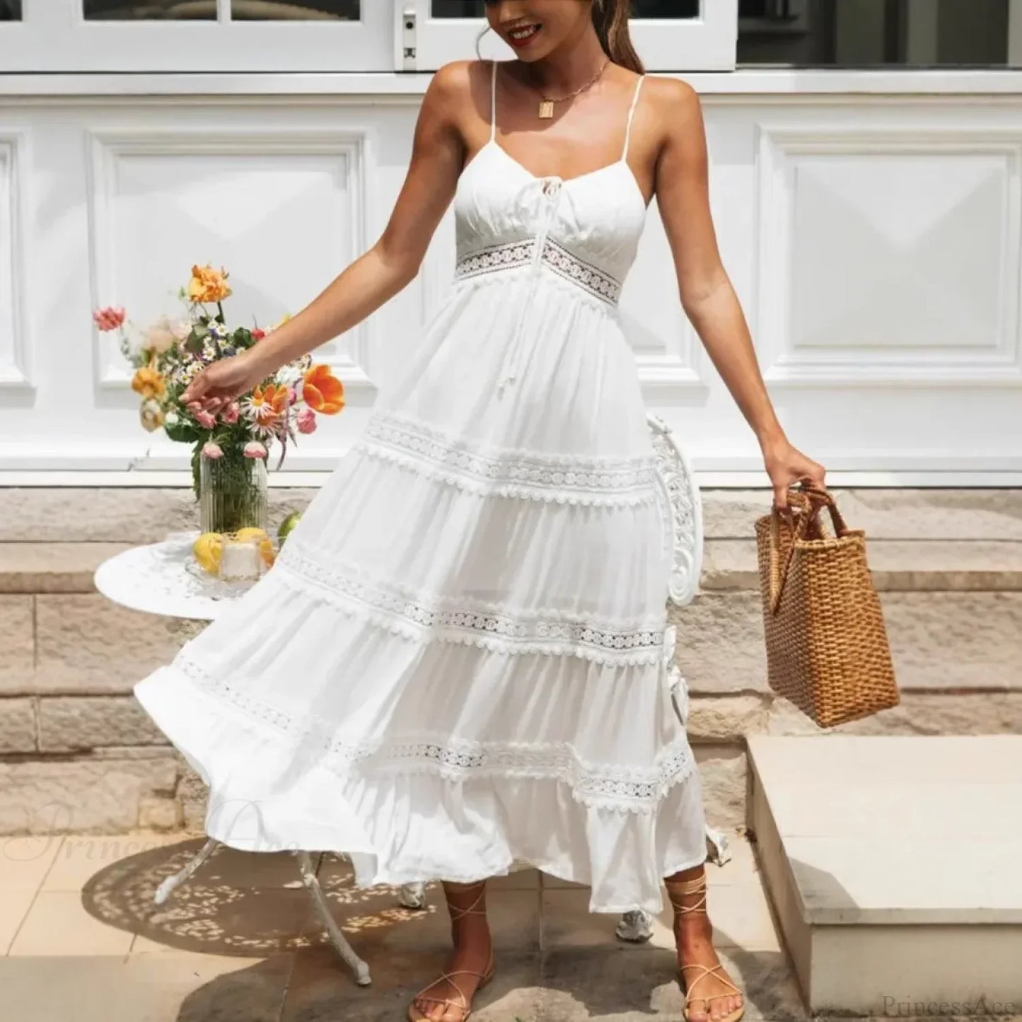 White Hollow Out Strapless Split Sleeveless Maxi Boho Dress