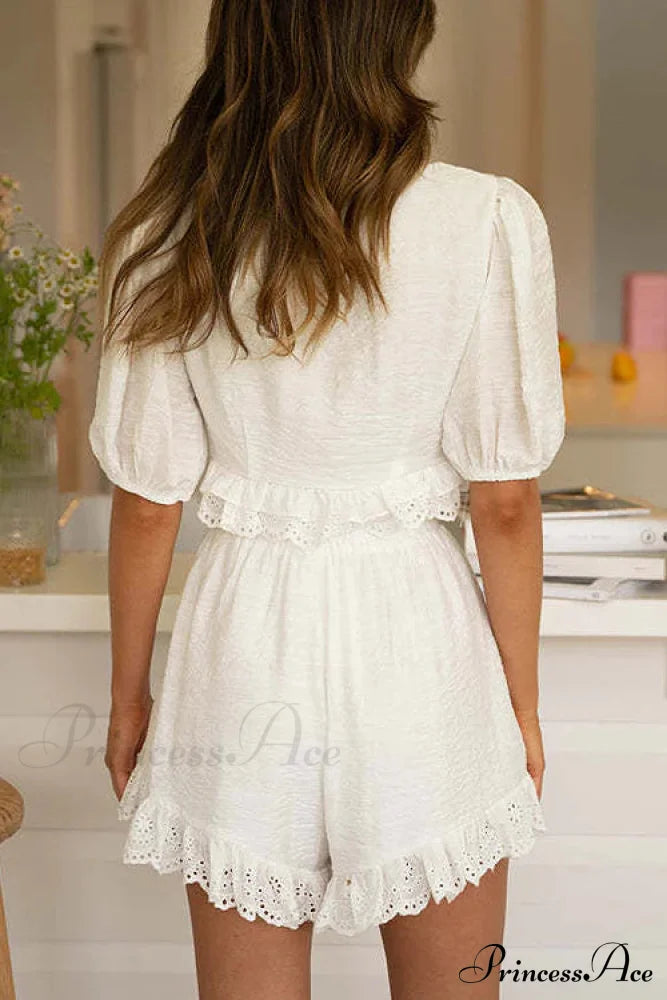 White Lace Crochet Short Sleeve Dress Set