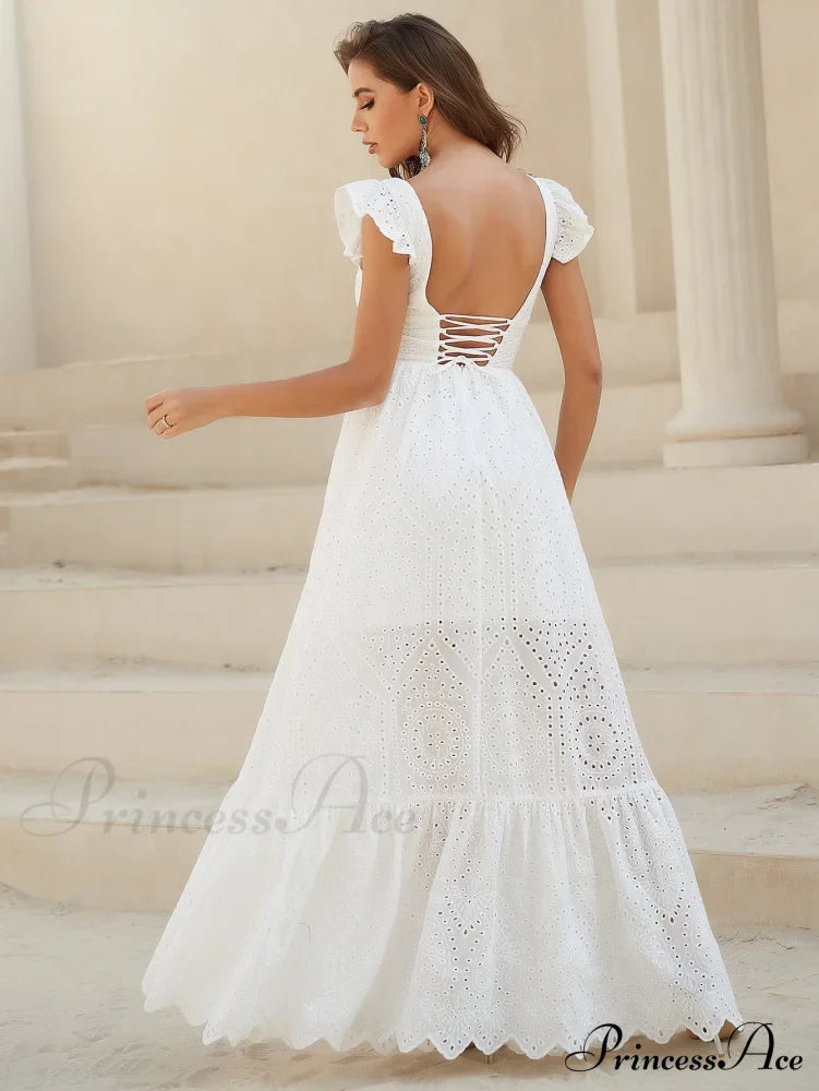 White Lace Dress with Backless Flounce Hem