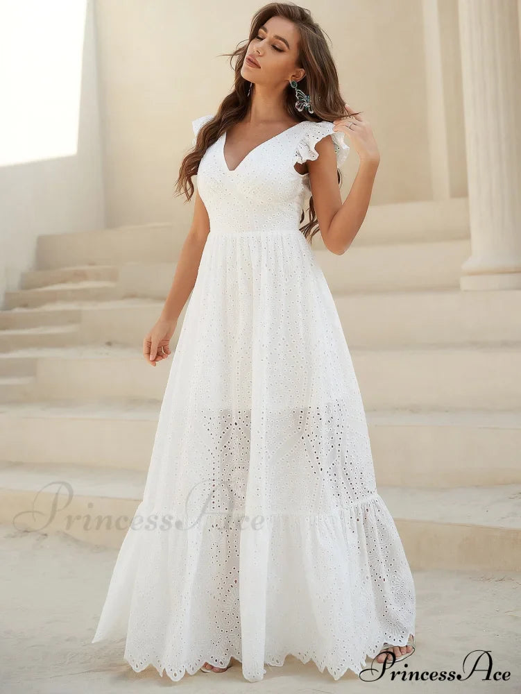 White Lace Dress with Backless Flounce Hem