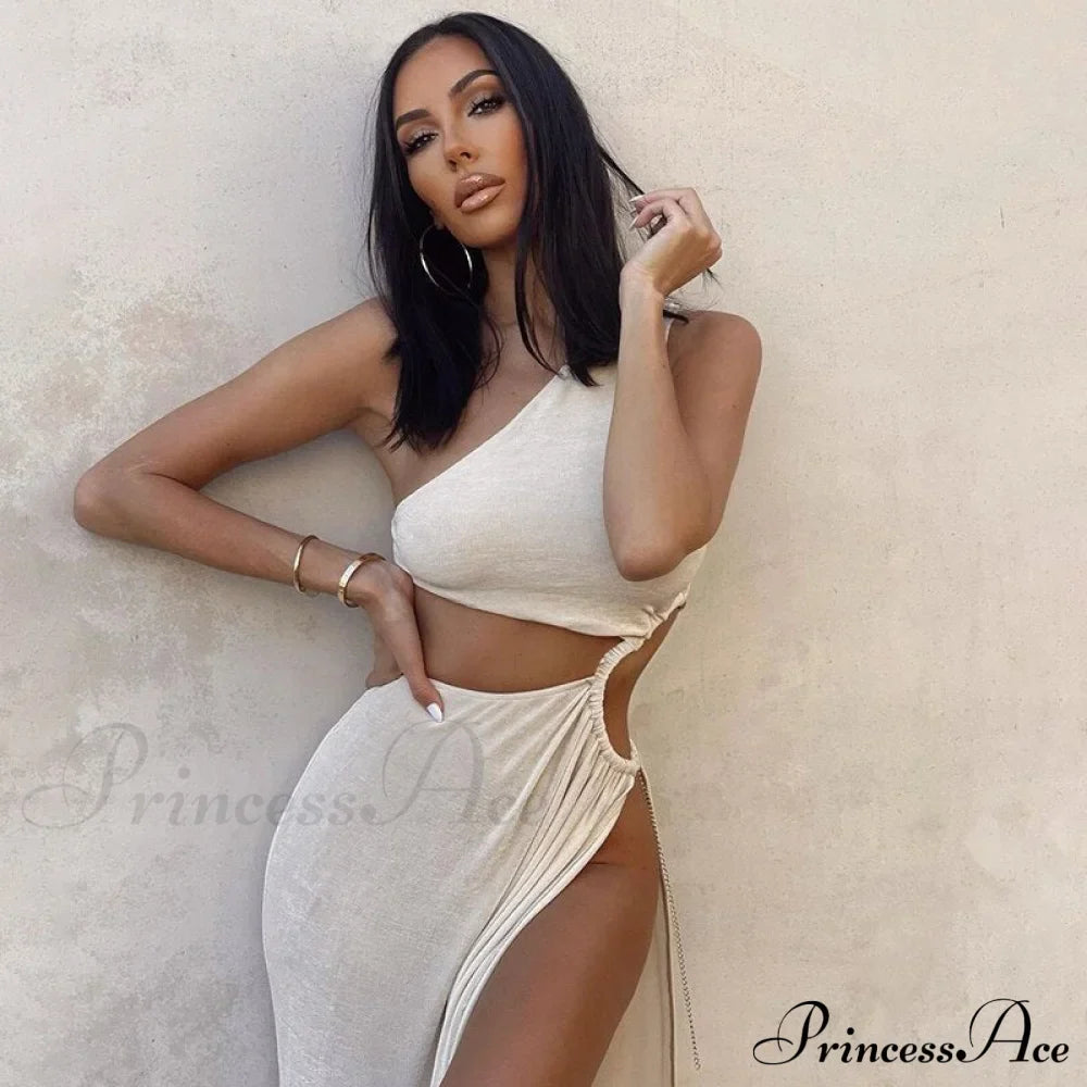 White Shoulder Parties - Women for Split Gown One for Gown and Full-Length Warm-Season Elegant Long Beachwear