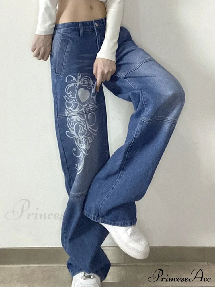 Wide Leg Oversize Y2K Patterned Baggy Winter Cargo Casual Jeans Low Autumn Waist Women's Trousers