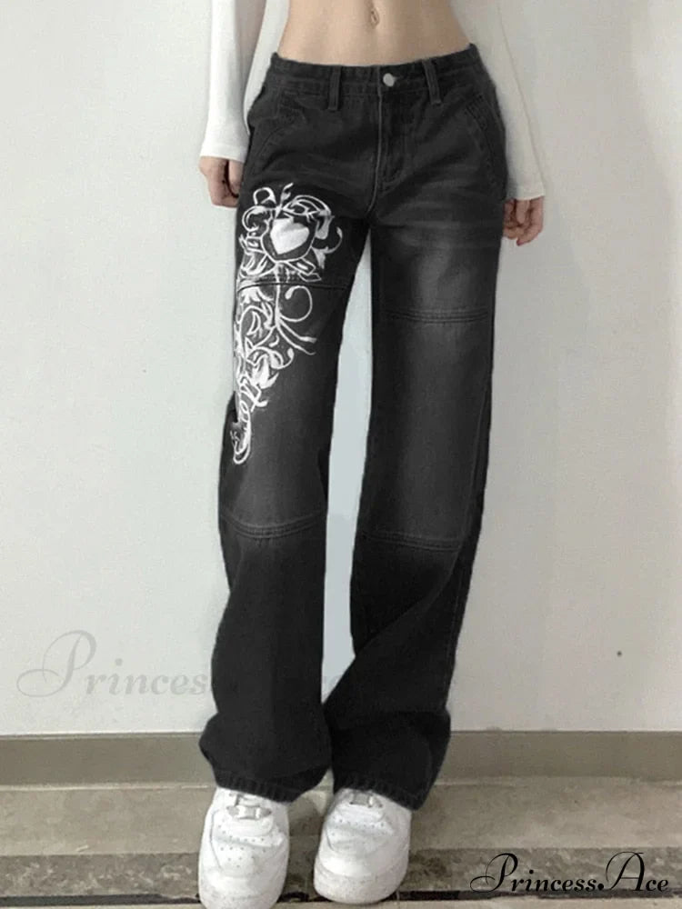 Wide Leg Oversize Y2K Patterned Baggy Winter Cargo Casual Jeans Low Autumn Waist Women's Trousers