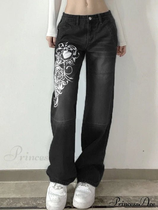 Wide Leg Oversize Y2K Patterned Baggy Winter Cargo Casual Jeans Low Autumn Waist Women's Trousers