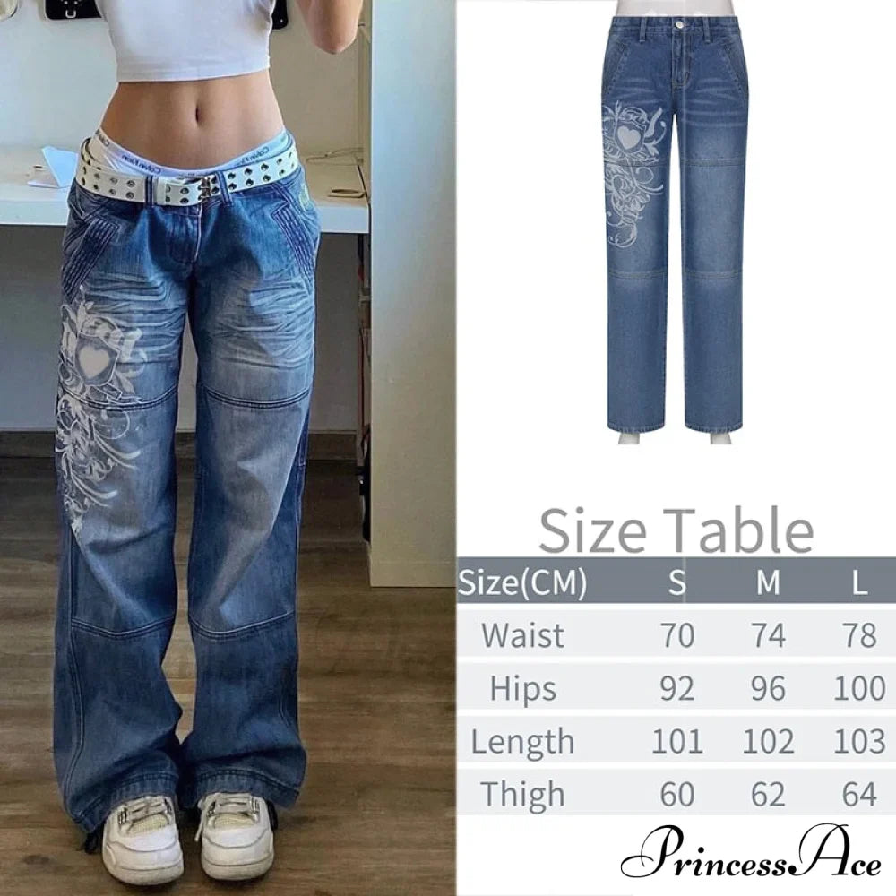 Wide Leg Oversize Y2K Patterned Baggy Winter Cargo Casual Jeans Low Autumn Waist Women's Trousers