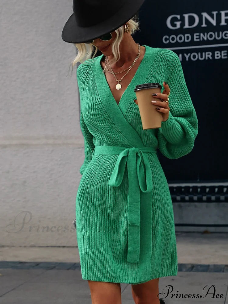 Winter Wrap Dress Women Long Sleeve Office Cardigan Tunic Solid Color