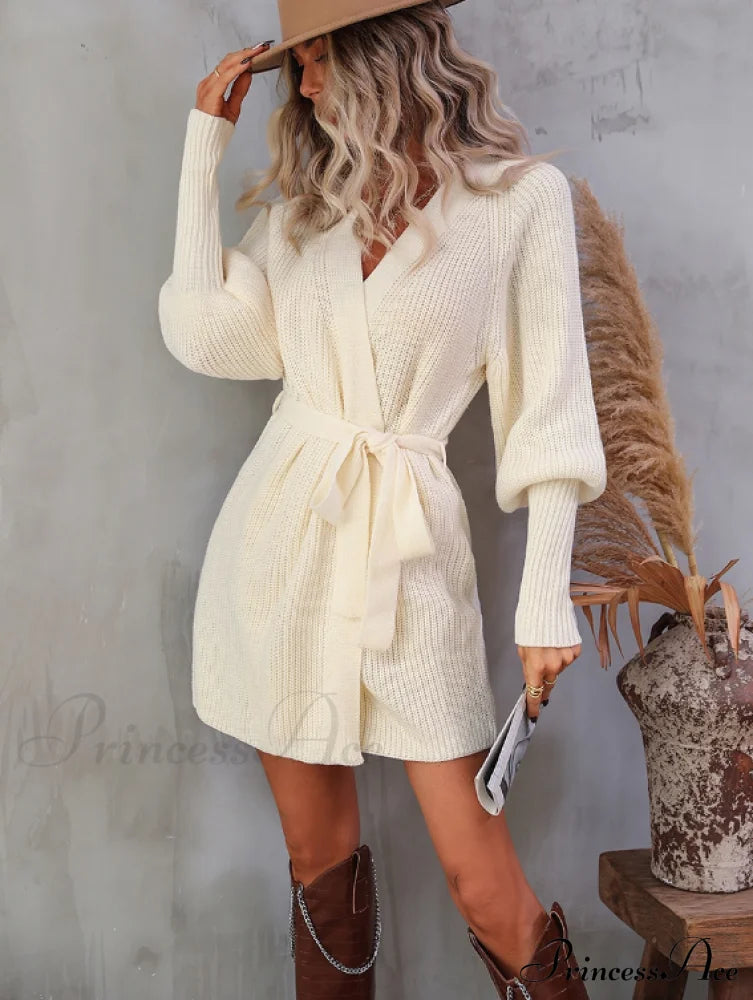 Winter Wrap Dress Women Long Sleeve Office Cardigan Tunic Solid Color