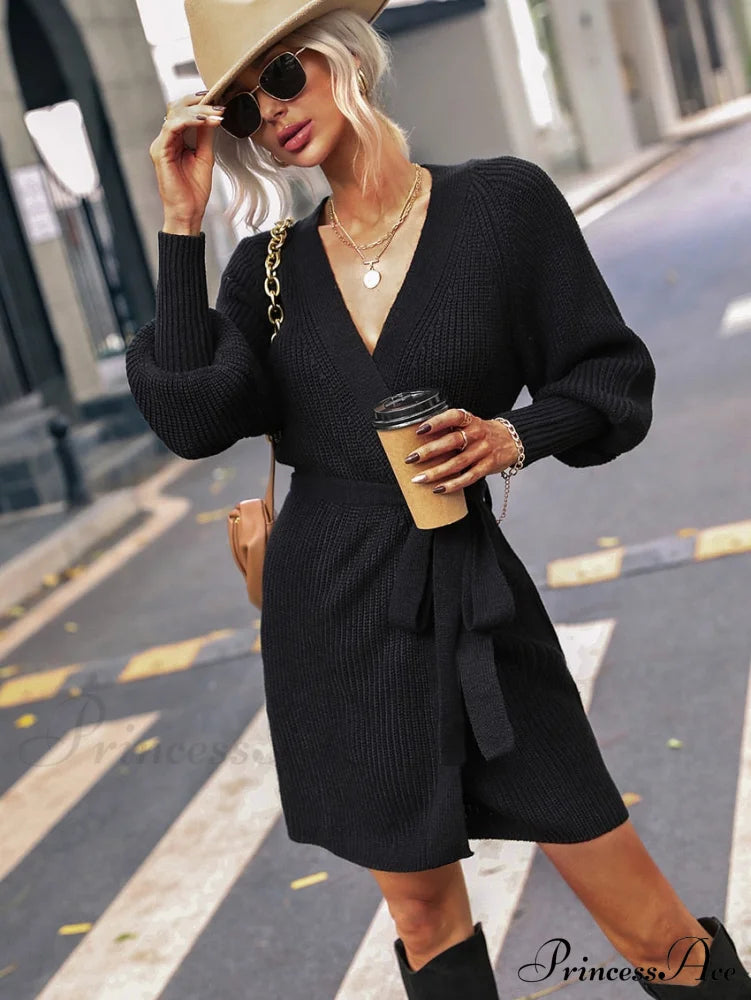 Winter Wrap Dress Women Long Sleeve Office Cardigan Tunic Solid Color