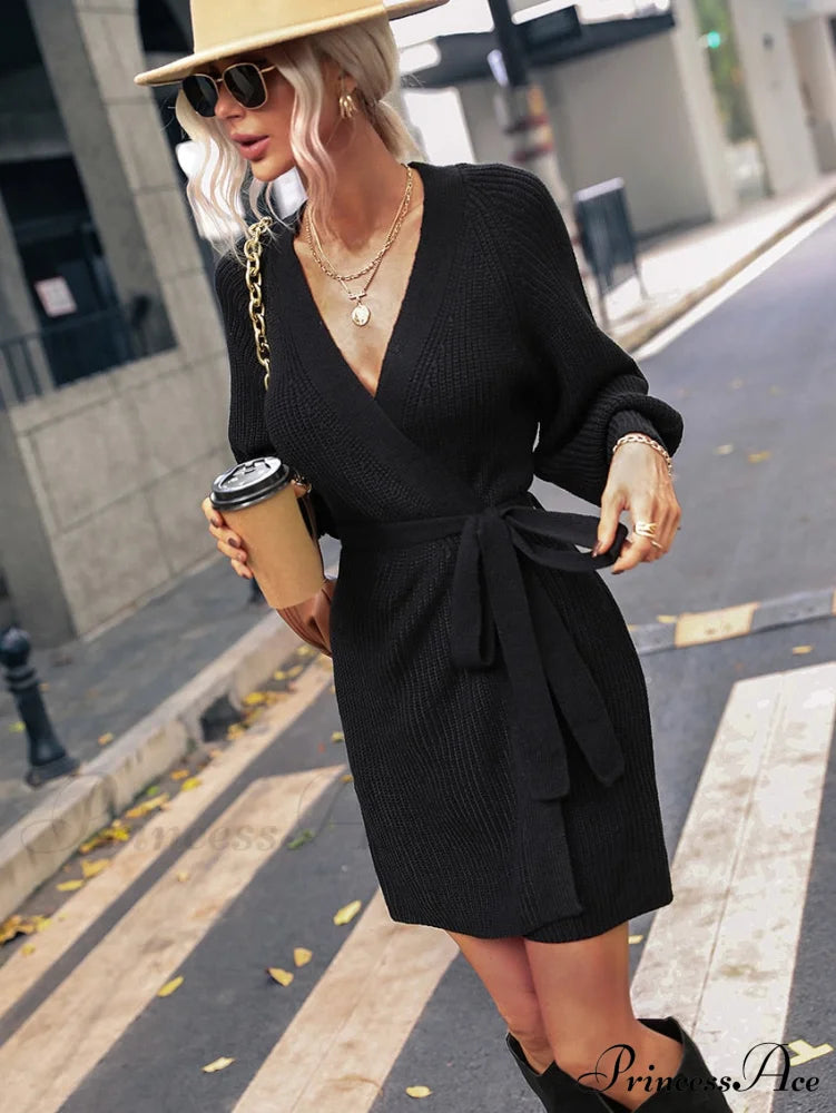 Winter Wrap Dress Women Long Sleeve Office Cardigan Tunic Solid Color